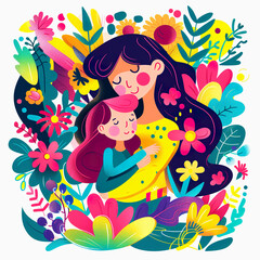 A mother and daughter hugging surrounded by colorful flowers