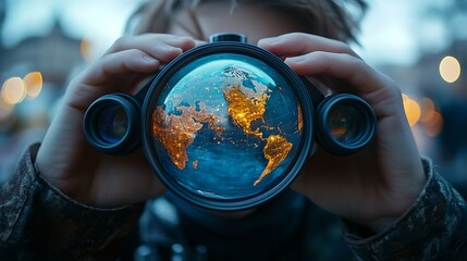 Forecast Future World Economy Man Binoculars Watch the World Telescope Performance Representation Analyze Binoculars Advice Development Discovery Education Searching Sphere Strategy : Generative AI