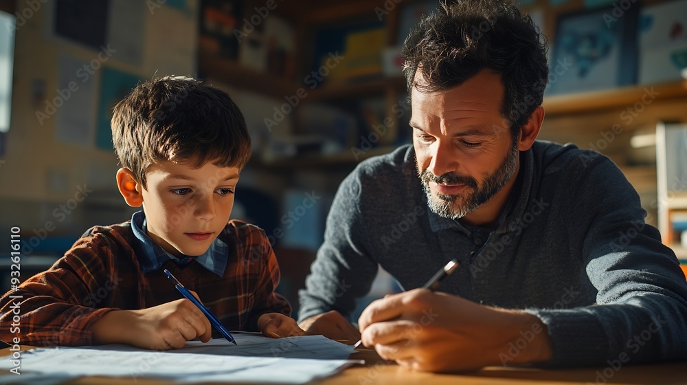 Poster teacher helping latin boy with assignment in elementary school classroom support scholarship and edu