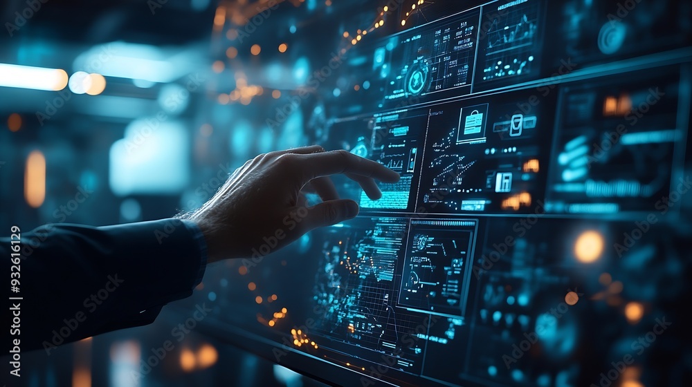 Poster Ai Businessman working with modern interface Business analytics Big data technology and data science Data flow conceptBusiness computing digital composite : Generative AI