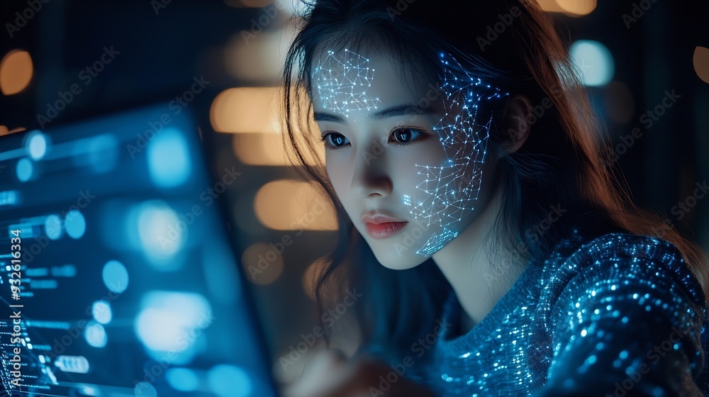 Aufkleber Education technology and AI Artificial Intelligence concept Women use laptops Learn lessons and online webinars successfully in modern digital learning  Courses to develop new skills : Generative AI