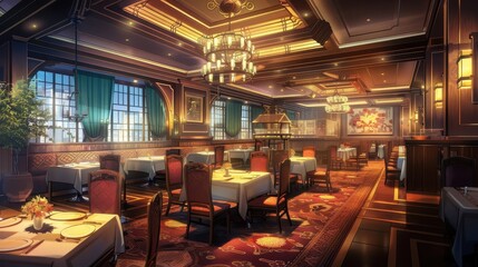 The luxurious restaurant features elegant furnishings, warm lighting, and a sophisticated atmosphere ideal for fine dining experiences