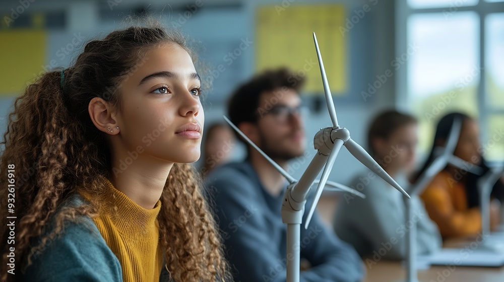 Poster Secondary Or High School Students Studying Wind Turbines In Science Class With Teacher In Background : Generative AI