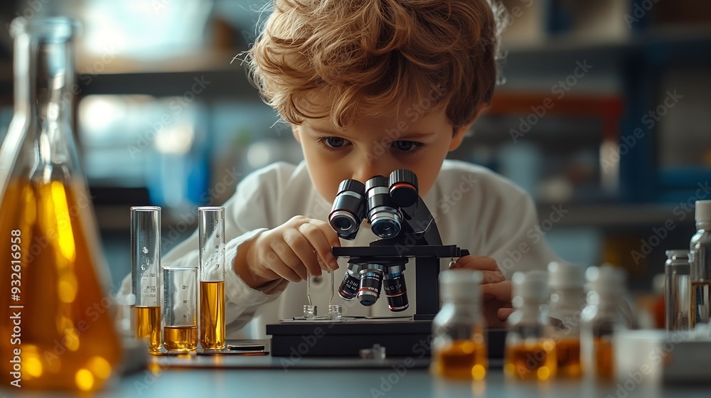 Aufkleber little scientist looking through a microscope and test tubes filled with chemicals for learning about science and experiments : Generative AI