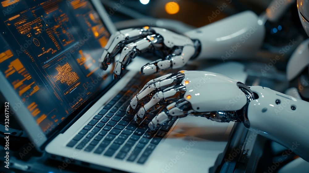 Poster AI technology Artificial Intelligence concept Businessman using the laptop AI Application technology management personal Business data education Banking Futuristic technology transform : Generative AI