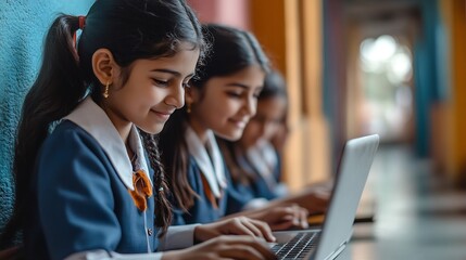 Group of rural school girls in uniform sitting in school corridor working on laptop  concept of digital education : Generative AI