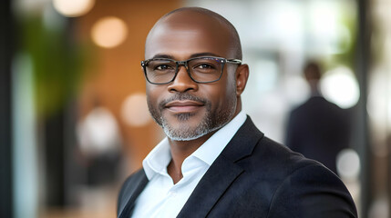 Fototapeta premium A confident professional man in formal attire, smiling in a modern office environment.