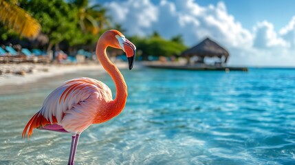 Fototapeta premium Flamingo on Renaissance Island Flamingo Beach Aruba : Generative AI