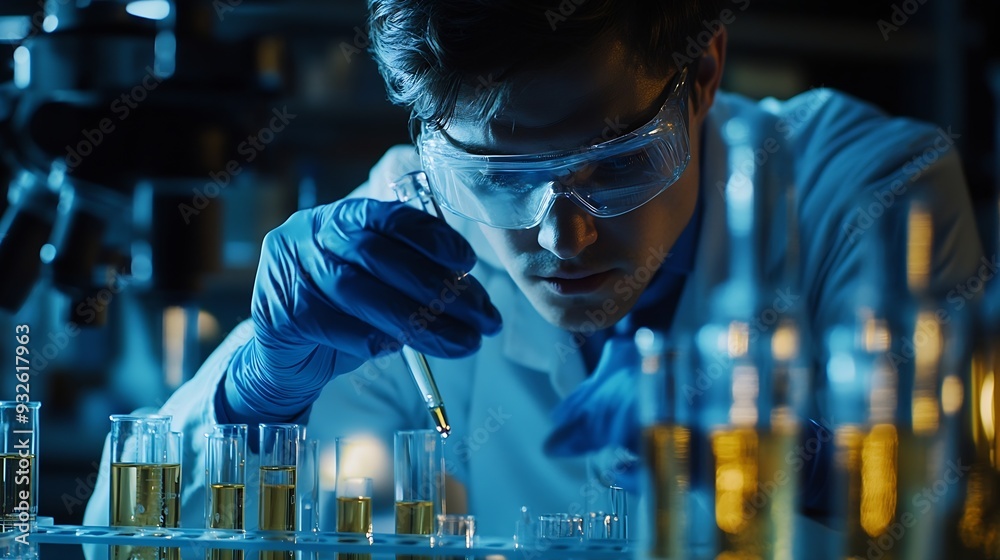 Leinwandbilder A scientist uses laboratory equipment for a research experiment test tube is essential for chemists to use in experiments scientific researchers must concentrate on testing samples in  : Generative AI