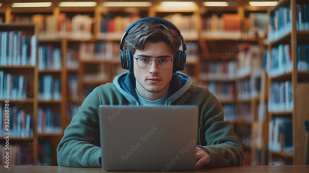 Leinwandbilder portrait of a smart male putting on headphones and working on a laptop computer young man doing a ho