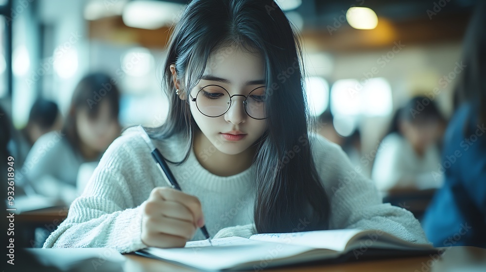 Poster Woman students and writing with test in classroom for exam study or assignment at university Female person or group busy on project or essay with notebook for higher education lesson o : Generative AI