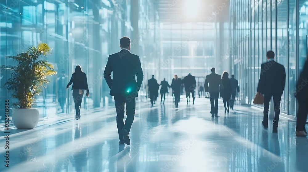 Aufkleber business people walking in the corridor of an business center pronounced motion blur crowded bright 