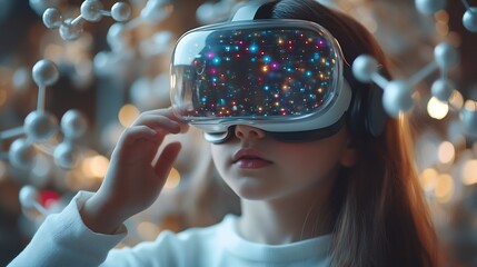 Child Explores Molecular Models with VR Glasses Girl Wearing Reality Headset Interacts with 3D Molecule Immersive STEM Education : Generative AI