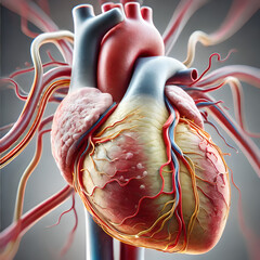 Heart anatomy: 3D human heart illustrating coronary artery disease (CAD) with significant plaque build-up in the coronary arteries. focus highlight the narrowed areas of the arteries.