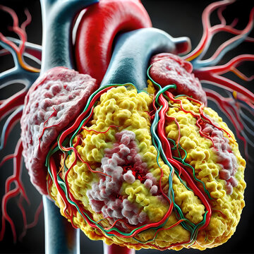 Heart anatomy: 3D human heart illustrating coronary artery disease (CAD) with significant plaque build-up in the coronary arteries. focus highlight the narrowed areas of the arteries.
