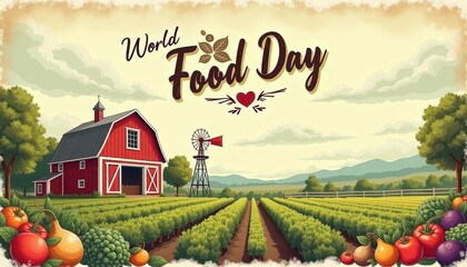 World Food Day celebration with a scenic farm, red barn, and vibrant fields of crops