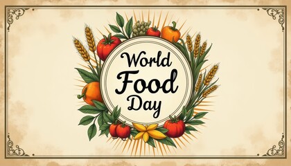Celebrating World Food Day with colorful fruits and grains in a decorative design