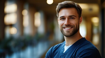 Obraz premium Portrait of smiling male nurse standing in hospital Portrait Of Male Doctor Wearing Scrubs Standing In Modern Hospital Building Male healthcare worker smiling outside portrait : Generative AI