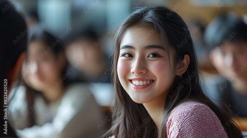 Poster university classroom diverse group of young students asian collaborate study together sharing smiles