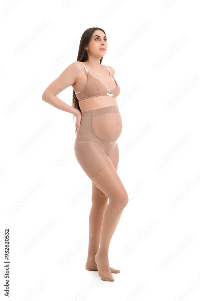 Poster Young pregnant woman in tights on white background