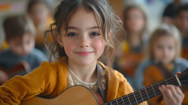 Caucasian young woman teacher playing guitar with students in school Adorable little children having fun enjoy education activity dance with instrument in classroom at preschool nurser : Generative AI - Powered by Adobe