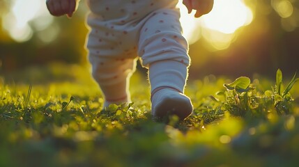 A baby is taking the first steps in a park Child toddler happy family step concept Baby steps on the grass in nature Baby taking first steps on grass park lifestyle family motherhood c : Generative AI