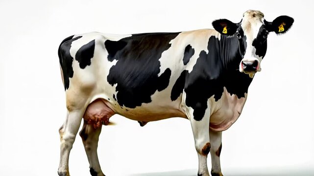Holstein cow stands calmly, showcasing distinctive black and white coat pattern. Side profile highlights the animal's strong build and characteristic markings against stark white backdrop.	