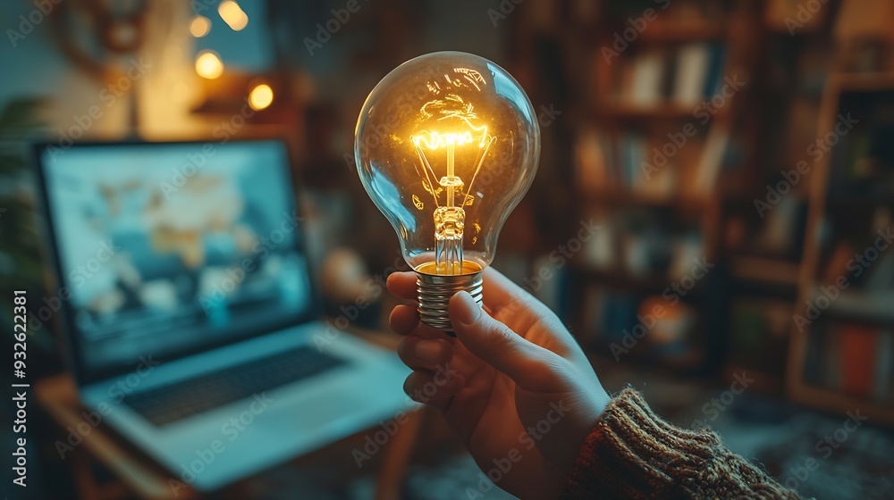 Poster online education course or elearning technology conceptman holding light bulb on virtual screen trai