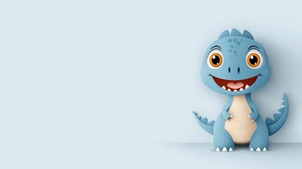 Isometric view of a dinosaur with a big smile, playful doodle pattern, copy space for text,