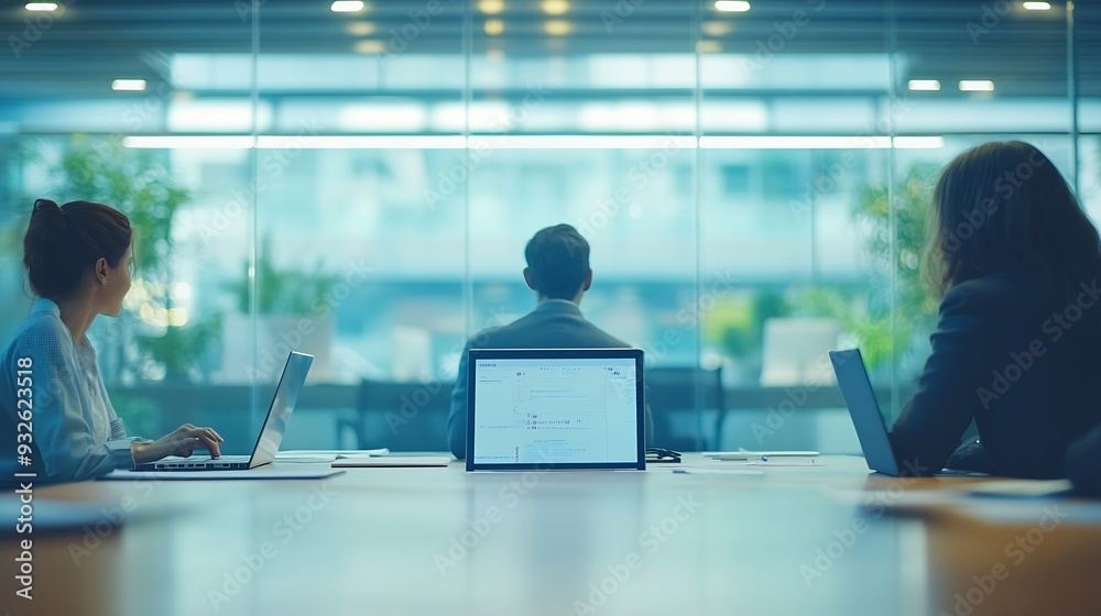 Leinwandbilder Above business people and laptop in office for project planning and documents in conference room Team collaboration and webinar in workplace with tech online workshop and brainstorming : Generative AI