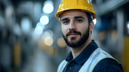 A confident worker in a safety helmet and vest in an industrial setting.