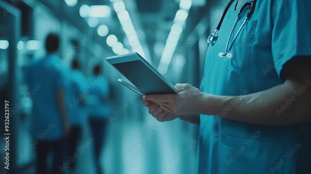Poster doctor teamwork and technology on wall background for research planning and multimedia workflow heal