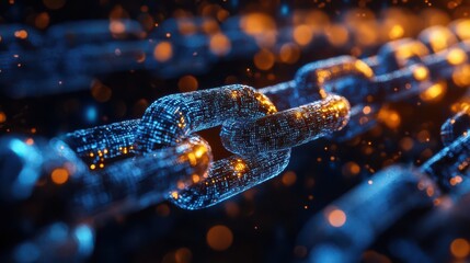 A chain of links with a blue and orange glow. The chain is made of a series of links that are connected to each other