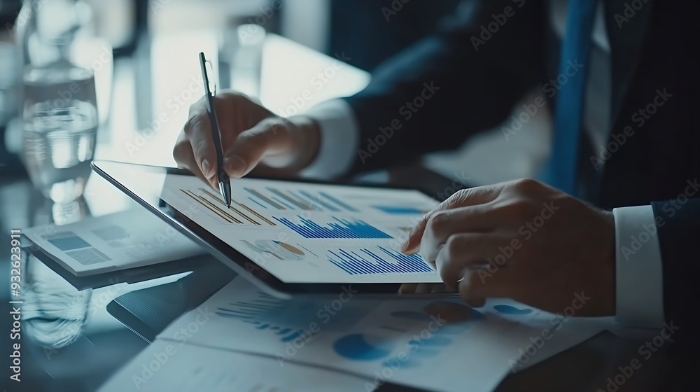 Poster Top view of smart manager looking at financial statistic on tablet at meeting room Group of diverse business people working together to analyze investment data on table with notebook D : Generative AI