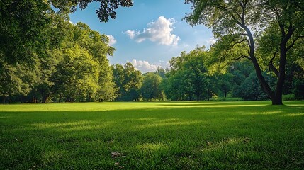 Obraz premium Green tree forest meadow field in city park blue sky Nature green scene background : Generative AI