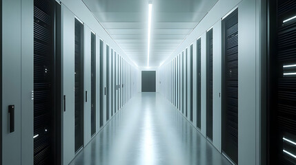 A corridor in a modern data center with server racks.