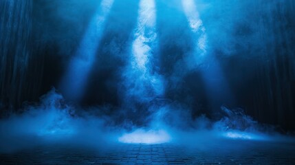 Nighttime Spectacle: Stage Performance with Blue Smoke, Lightning, Fog, and Searchlight Beams