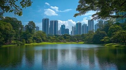 Naklejka premium Scenic Kuala Lumpur skyline Amazing view of a green city park in Kuala Lumpur Malaysia Highrise buildings are visible on blue sky background Kuala Lumpur is a popular tourist destinati : Generative AI