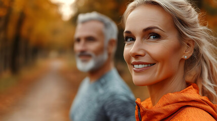 A couple enjoying a walk in an autumn park, smiling and relaxed.