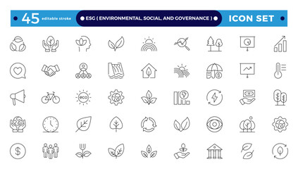 ESG icon Outline set, Environmental, Social, and Governance line icon.  Includes Sustainability, Solar Panel. Set of outline icons about Environmental Social Governance. Editable stroke outline icon. 