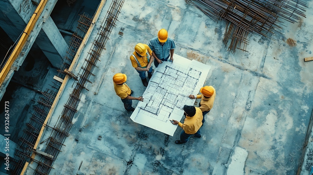 Fototapete top down aerial view of architect engineer team shake hands and discussing about building constructi