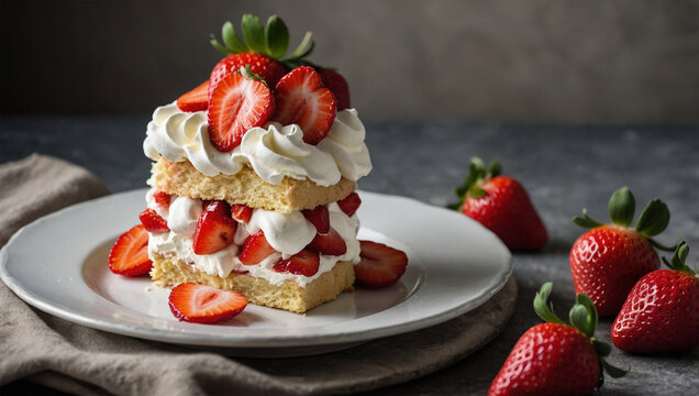 Slice of strawberry shortcake with layers of whipped cream and fresh strawberries on a white plate.
