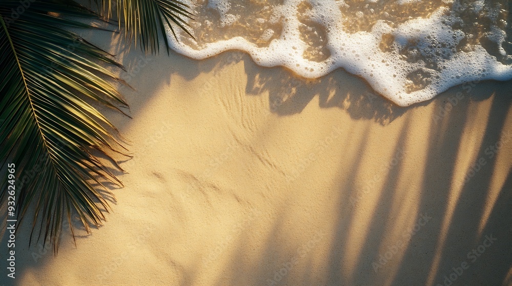 Poster empty abstract sand beach with palm leaf shadow and transparent water wave from above blank background banner for travel vacation and wellbeing with copy space : Generative AI