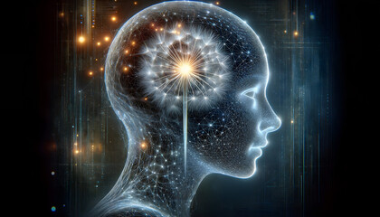 Futuristic AI Neural Network: Glowing Human Head Profile Art