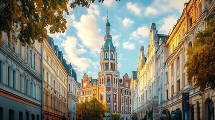 Obraz premium Panorama of Riga with a focus on the building of the latvian academy of sciences or latvijas zinatnu akademija Its a vintage skyscraper a landmark of soviet stalinist architecture in R : Generative AI