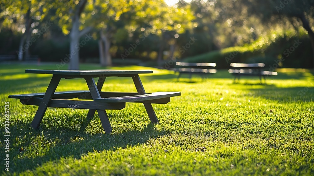 Poster park picnic table bench rest relax outdoors benches and tables on green grass in recreational area :