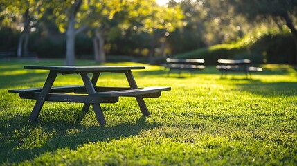 Naklejka premium Park Picnic table bench rest relax outdoors Benches and tables on green grass in recreational area : Generative AI