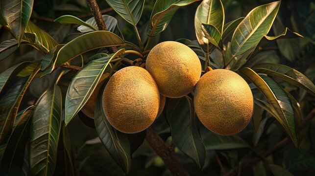 A bunch of ripe sapodillas or Manilkara zapota fruits hanging from a tree, an exotic tropical fruit
