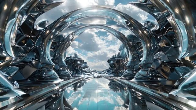 Celestial Gateway: A futuristic chrome tunnel reflects a sun-drenched sky, inviting exploration into a world of sleek, metallic wonder. 