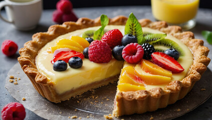 Fruit tart with a buttery crust, filled with custard and topped with a variety of colorful fresh fruits.